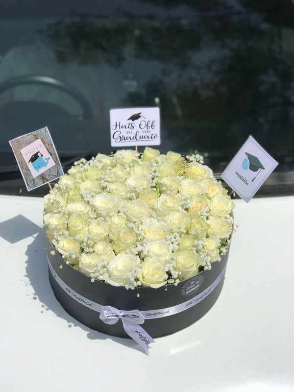 Luxury gift box containing 50 imported roses for a graduation or congratulations celebration