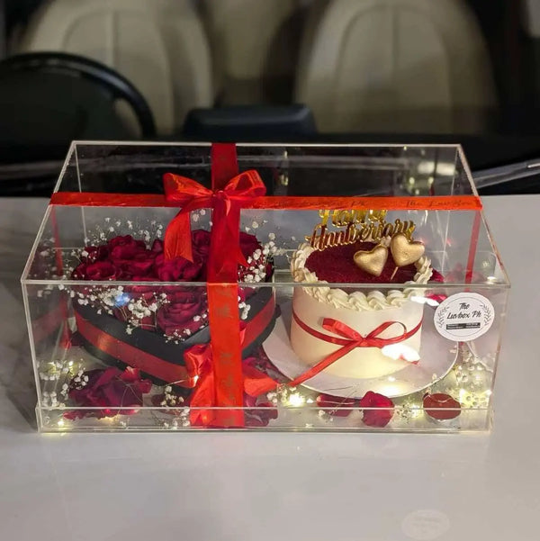 Luxury acrylic anniversary box with 2 lbs cake and premium flower box in Islamabad
