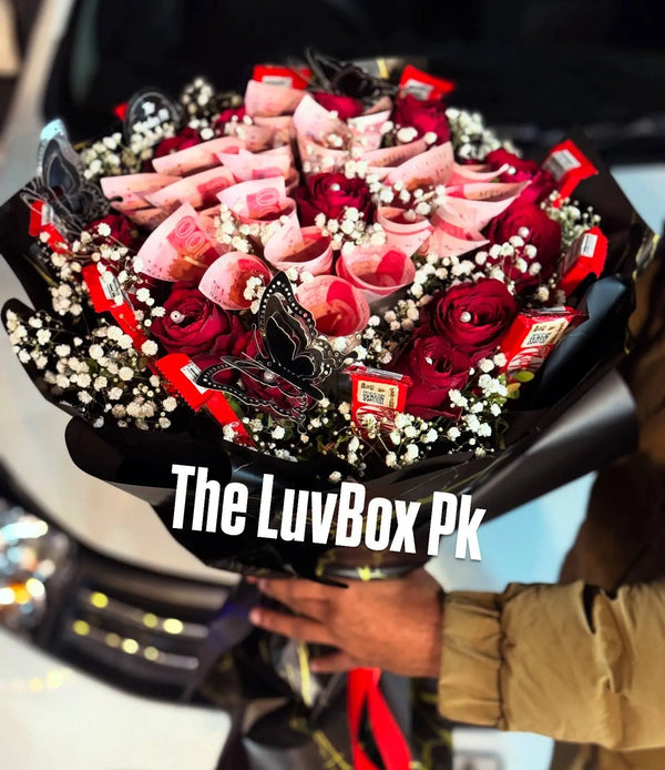 Eid money bouquet with cash imported roses and premium chocolates in Islamabad