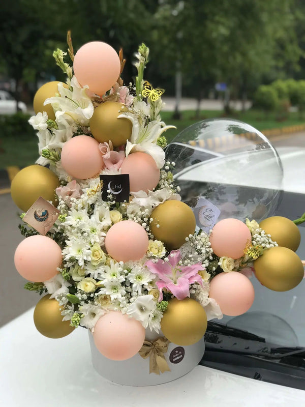 Festive Eid flower bouquet with helium balloons and luxury wrapping for Eid gifting