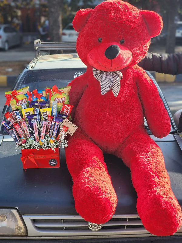 6 feet red teddy bear with premium chocolate box for romantic gifting in Pakistan