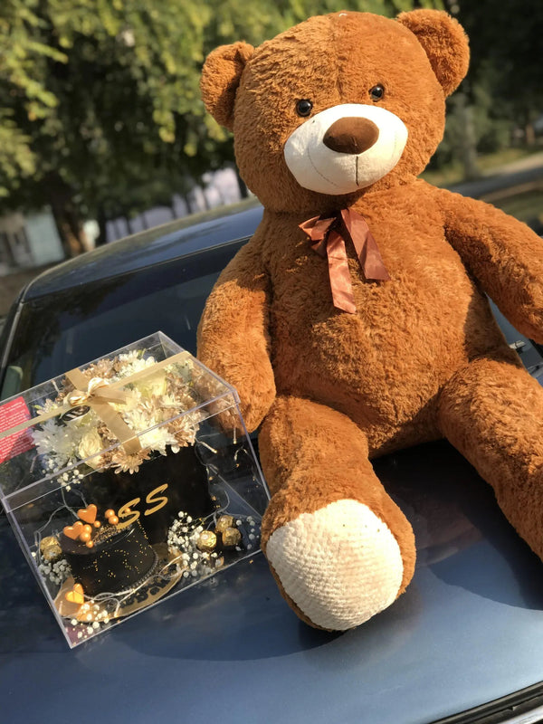 6 feet giant teddy bear with customized cake and luxury flower box gift in Islamabad