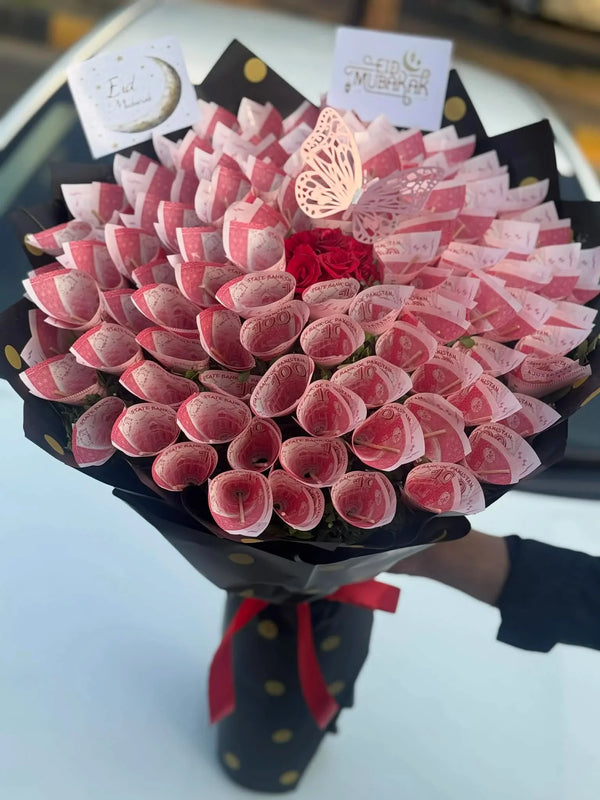 PKR 10,000 money bouquet arranged with 100 rupee notes in elegant gift wrapping