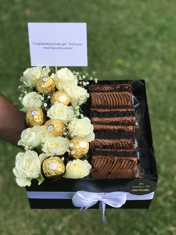 Mini brownie Ferrero Rocher and fresh flower gift box for Eid delivery in Islamabad