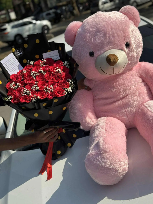 Pink teddy bear with fresh flower bouquet birthday gift delivery in Islamabad