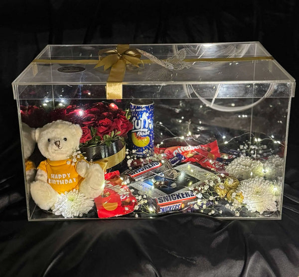 Teddy Sweetbox XL 🧸🍫🌹 – Chocolate, Roses & LED Acrylic Gift