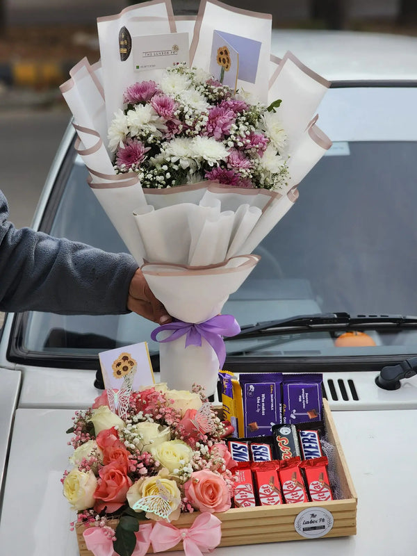 I Miss You flower and chocolate gift combo with mini bouquet and wooden tray in Islamabad